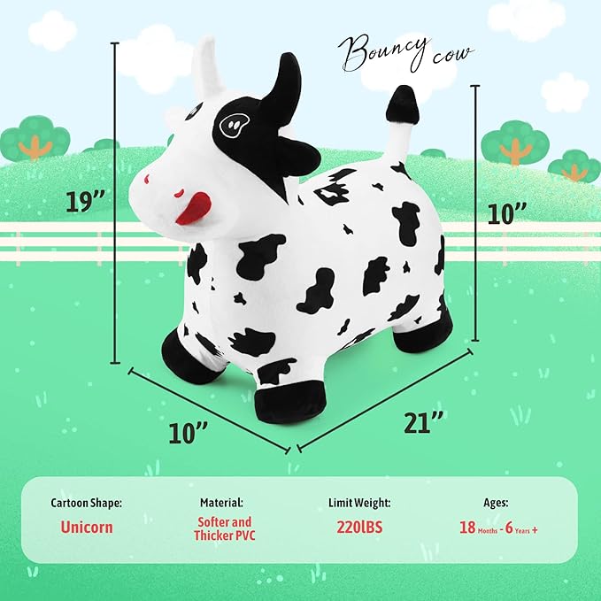 EVERICH TOY Bouncy Horse Cow Toys, Inflatable Bouncing Animal Hopping Toys, Outdoor Indoor Ride on Bouncer, Boys Girls Birthday Gift for 18 Month 2 3 4 5 6 Year Old Kid- Plush Cow Toy-PurrikoPets