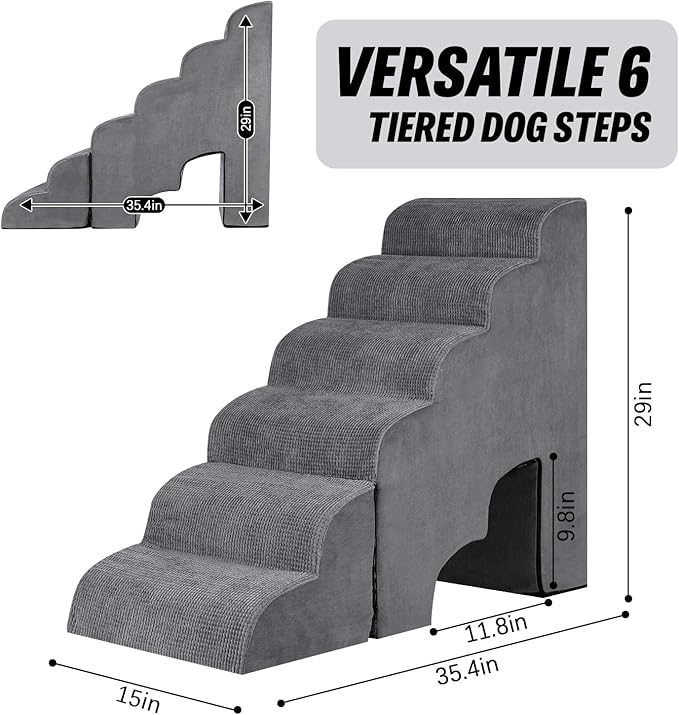 6 Step Dog Stairs&Steps 29 Inches Tall Up to 29-32 Inches High Bed, Dog Ramp Cat Stairs Pet Ladder for Small Medium Dogs, Doggie, Old Cats, Kitty, Grey-PurrikoPets