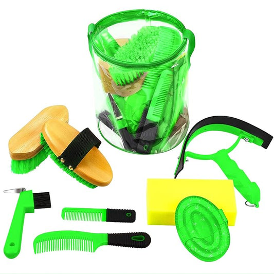 9 Pieces Horse Grooming Kit Tack Room Supplies Set with Organizer Tote Bag, Oval Massage Curry, Hard and Soft Brush, Hoof Pick, Sweat Scraper, Bathing Sponge, Combs for Horse Riders Beginners (Green)-PurrikoPets