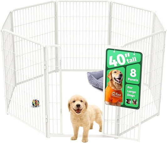 FXW Homeplus Unleashed Indoor Dog Playpen - Stress-Free and Safe Play, Heavy Duty 40 Inch 8 Wire Panels Dog Pen for Medium and Large Dogs, White│Patented-PurrikoPets