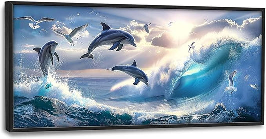 Dolphin Seagull Large Wall Art Sea Ocean Waves Sunrise Pictures Wall Decor Nautical Coastal Canvas Print Painting Artwork for Bathroom Living Room Bedroom 60L" x 30W"-PurrikoPets