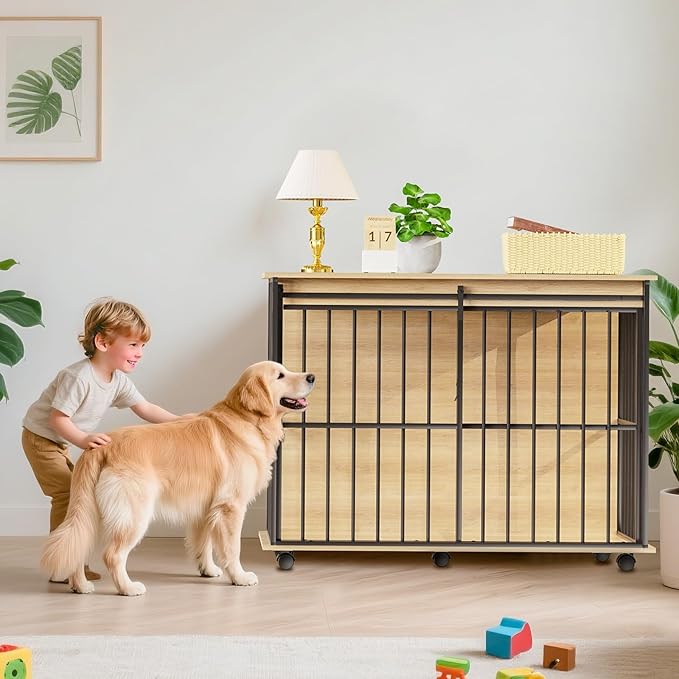 43.7" Dog Crate Furniture, XL Dog Crate Dog Kennel Indoor with Wheels for Large Medium Small Dogs, Wooden Dog Kennel End Table with Sliding Door Wooden Furniture Crates for Living Room, Bedroom-PurrikoPets