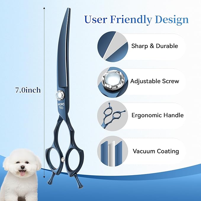 7 inch Matte Blue Curved Dog Grooming Scissors Professional 440C Stainless Steel Dog Shears Smooth Cutting Comfortable Grip and Easy to Use for Groomers and Home Use-PurrikoPets