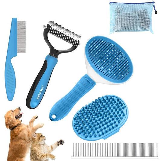 5 in 1 Dog Grooming Kit - Self-Cleaning Slicker Brush for Shedding Short Long Haired Dogs & Cats, Includes Pet Comb, Flea Comb, Bath Brush, Undercoat Rake - Complete Fur Care Set - Blue-PurrikoPets