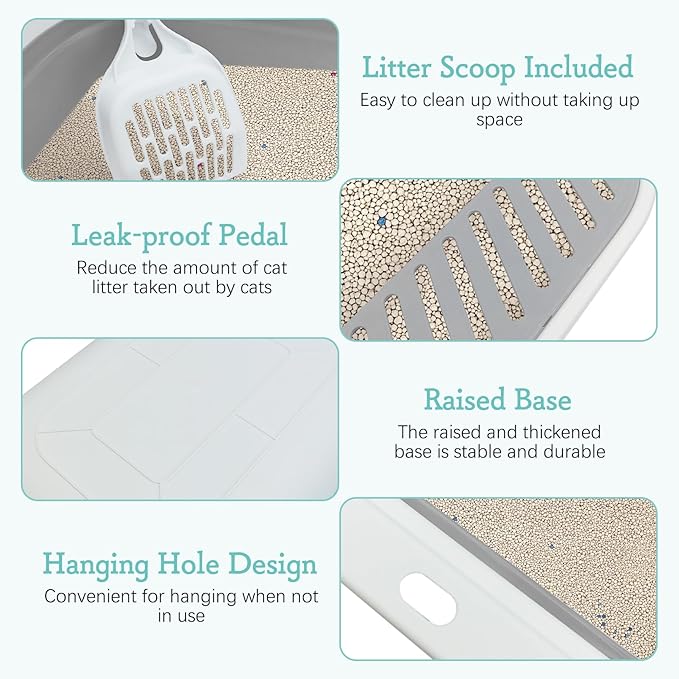 Fhiny Cat Litter Box Portable Shallow Litter Box 17.7"x13.4"x4.9" Foldable Cat Toilet with Scoop Open Kitty Potty Pan with Litter Drop Pedal Easy to Clean Travel Kitten Toilet(Gray)-PurrikoPets