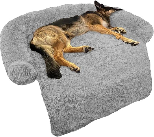 GGIB Calming Dog Bed Fluffy Plush Dog Mat for Furniture Protector with Removable Washable Cover for Large Medium Small Dogs and Cats (Large, Grey)-PurrikoPets