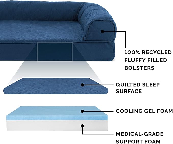 Furhaven Cooling Gel Dog Bed for Large Dogs w/ Removable Bolsters & Washable Cover, For Dogs Up to 125 lbs - Quilted Sofa - Navy (Blue), Jumbo Plus/XXL-PurrikoPets