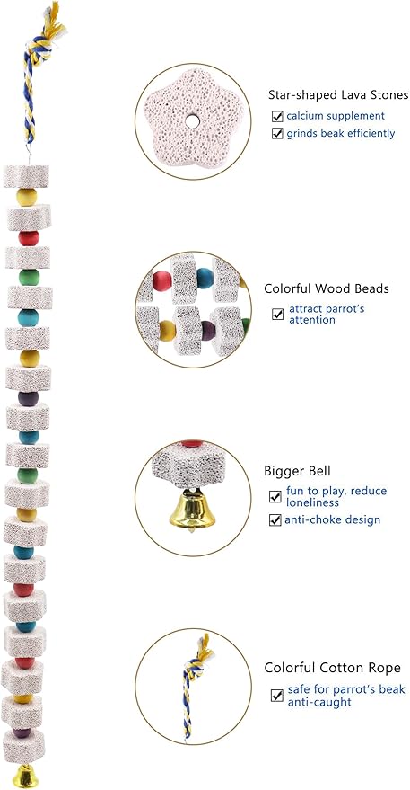 2 Pack 27 Inches Extra Long Bird Chewing Toy, Parrot Beak Grinding Calcium Stone with Bells, Bird Cage Accessories, Cage Toys for Cockatiel Parakeet Parrot Budgies Rat Hamster Rabbit African Grey-PurrikoPets