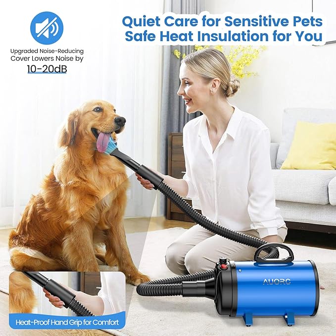 Dog Dryer, 5.2HP/3800W High Velocity Dog Hair Dryer with 4 Nozzles, Stepless Adjustable Speed & Temperature Control, Low Noise Professional Dog Grooming Dryer (Blue)-PurrikoPets