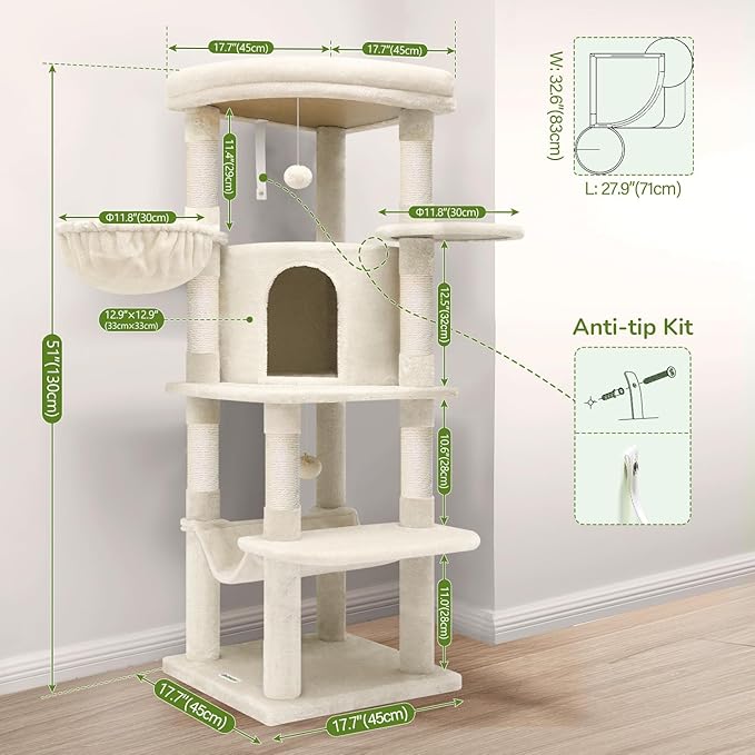 Globlazer Corner Cat Tree Tower with Scratching Post for Indoor Cats, 51in Plush Multi-Level Cat Tower with Large Hammock, Fan-Shaped Padded Perch, Spacious Cat Condo, Hanging Basket, C51, Light Beige-PurrikoPets