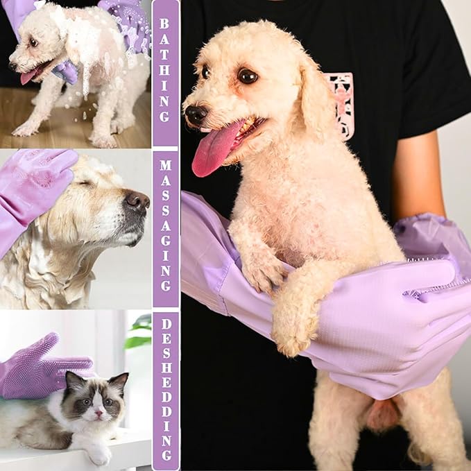 Dog Washing Gloves, Pet Grooming Gloves with Soft Brushes, Bathing and Massaging for Dogs and Cats, Silicone Heat Resistant Cleaning Gloves with High-Density Teeth (Purple)-PurrikoPets