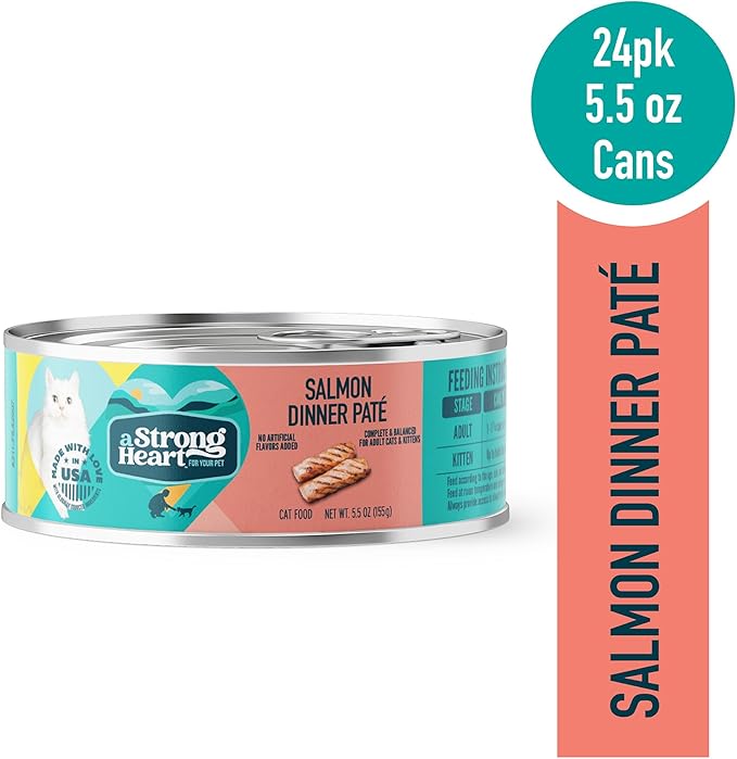 A Strong Heart Canned Wet Cat Food, Salmon Dinner Paté - 5.5 oz Cans (Pack of 24), Made in The USA with Real Salmon-PurrikoPets