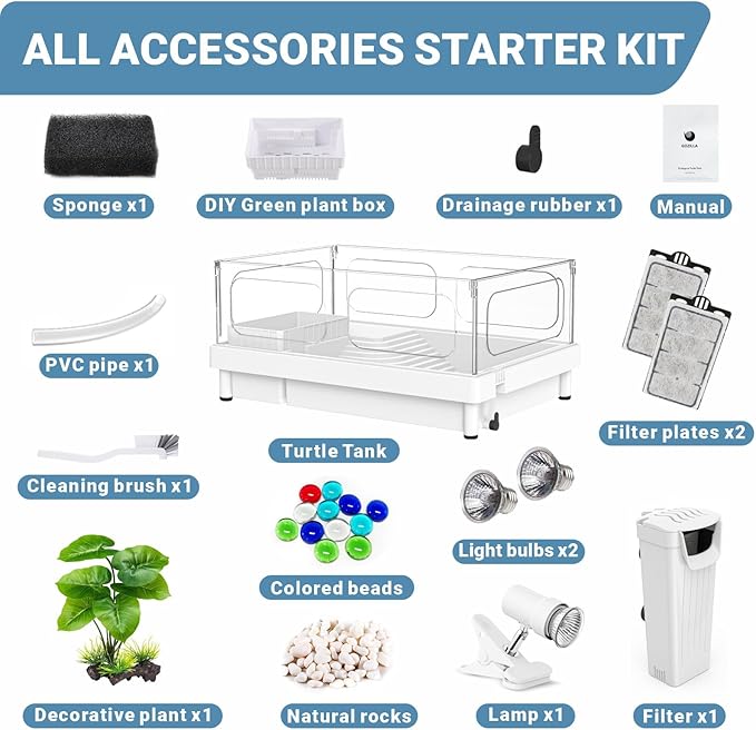 GOZILLA Small Turtle Tank Kit(Tank+Lamp+Filter), Acrylic Turtle Starter Kit with Adjustable Lamp, Reptile Habitat and Terrarium with Multi-Functional Areas for Small Reptiles. (White Kit)-PurrikoPets