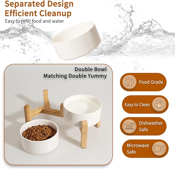 Elevated Ceramic Dog Bowl Set - Raised Dog Bowls with Non-Slip Bamboo Stand - Dog Food and Water Bowl Set - Double Dog Feeding Bowls - Suitable for Small and Medium Dogs - 28.74 OZ - 3.6 CUPS - 850 ML-PurrikoPets