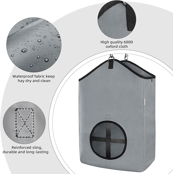 3 PCS Goat Hay Feeder,Hay Bags for Horses,Goats,Donkeys with Reinforced Oxford Fabric and High Strength Metal Clasp,Horse Feeding Supplies with Adjustable Strap for Easy Hanging (2Grey+1Black)-PurrikoPets