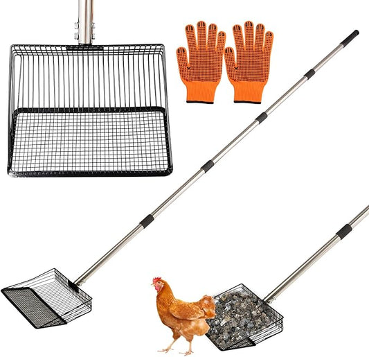 10inch Large Metal Chicken Poop Scooper, 36" to 75" Long Chicken Coop Litter Scoop with Stainless Steel Adjustable Handle, 4 in 1 Detachable Litter Sifting Shovel Scoop for Chicken Coop Accessories-PurrikoPets