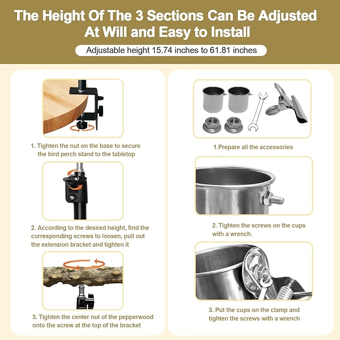 18-27 Inch Height Adjustable Bird Perch Pepper Wood Desktop Bird Training Perch Stand with Feeding Cups and Swing Toy Parakeet Perches Indoor and Outdoor Parrot Stand for Small to Medium Birds-PurrikoPets