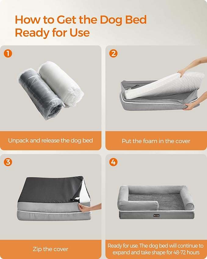 Feandrea Orthopedic Dog Bed, Large Dog Bed Waterproof, Removable Washable Cover Sofa with Non-Slip Bottom, Raised Edges, 48 x 33 x 8 Inches, Light Gray UPGW078G02V1-PurrikoPets