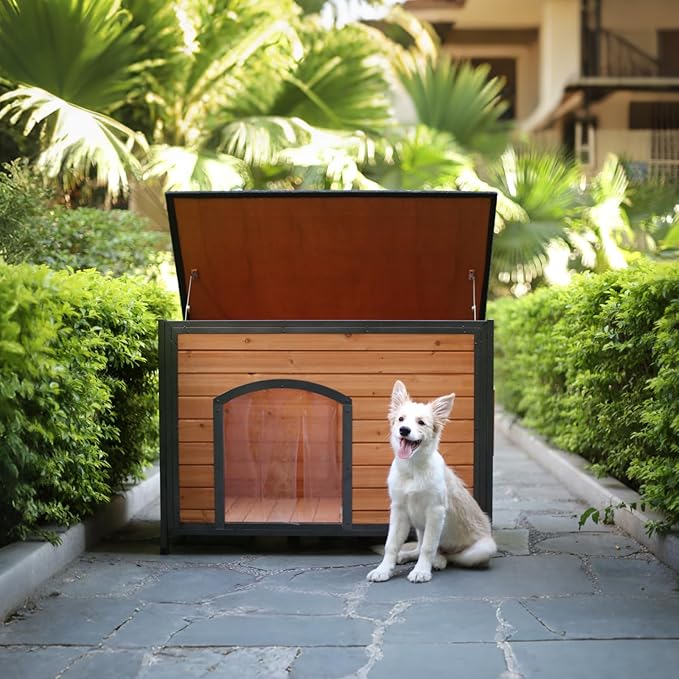 Dog House Outdoor Weatherproof 34.3" L Chew Proof Outside Dog Kennel for Small Medium Dogs with Strong Metal Chew Proof Frame Raised Design-PurrikoPets