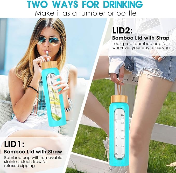 32 oz Glass Water Bottle with Straw - Motivational Time Marker & Silicone Sleeve - Reusable Tumbler Includes 2 Bamboo Lids & Fruit Infuser - 1 Pack-PurrikoPets