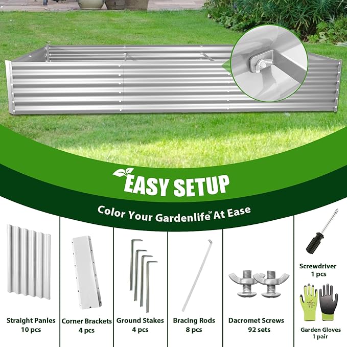 A ANLEOLIFE 8X4X1.5 ft Galvanized Raised Garden Bed, Rectangle Above Ground Modular Metal Planter Boxes Outdoor for Vegetables Flowers Herbs, Anti-Rust & Easy-Setup, Antique White-PurrikoPets