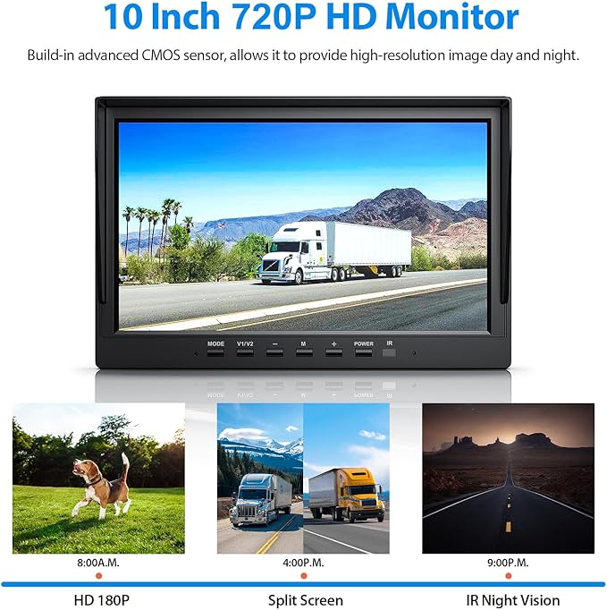 10" HD Backup Camera System Kit, Loop Recording Large Monitor with Wired Rear View Camera, IR Night Vision Waterproof Camera with Safe Parking Lines for Bus, Semi-Truck, Trailer, RV, BY102A-PurrikoPets