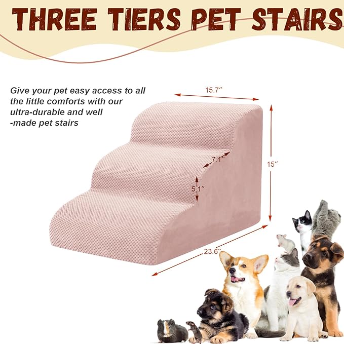 Dog Stairs for Small Dogs - High Density Foam Pet Steps, Extra Wide Dog Ramp with Non-Slip Bottom for High Beds, Couch and Sofa, Best for Dogs Injured, Older Doggy Cats,3 Steps, Pink-PurrikoPets