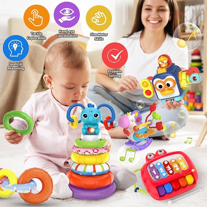 4 in 1 Baby Toys for 6 12 18 Month, Learning Toys for Babies 6-12 Months, Busy Cube, Stacking Sorter, Piano Xylophone Pull String Travel Toy, Birthday Gifts for Toddlers 1 2 Years Old-PurrikoPets