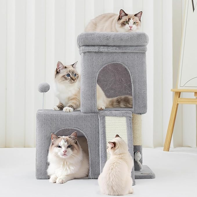 24inch Tall cat Tree with 2 cat condo and Mouse Toy Cozy Small cat Tower with Scratching Post and Board for Kitties and Small Cats.（Light Grey）-PurrikoPets
