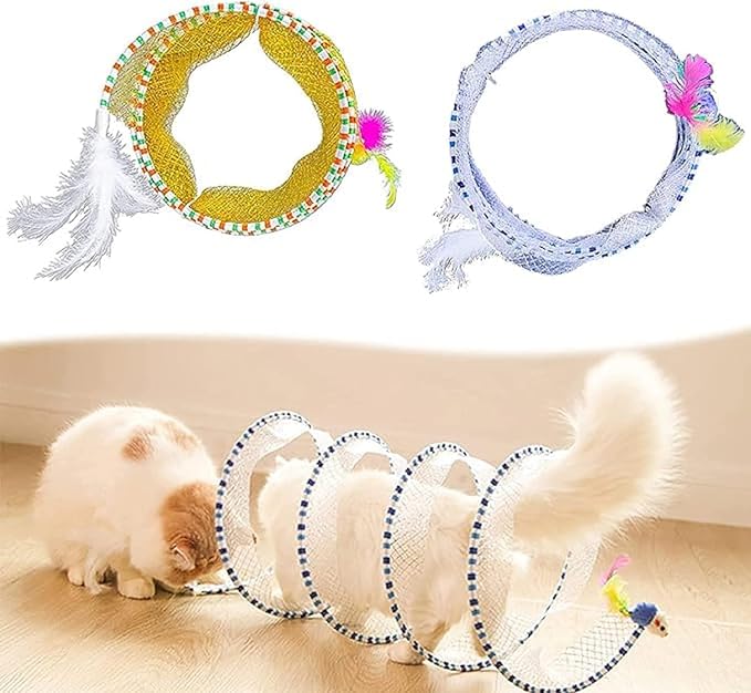 Folded Cat Tunnel Toy for Indoor Cats, 2 PCS Collapsible Pet Spring Cat Toys with Feather Mouse Upgrade Interactive Toy Playing Tent for Puppy Kitten Accessories Home-PurrikoPets