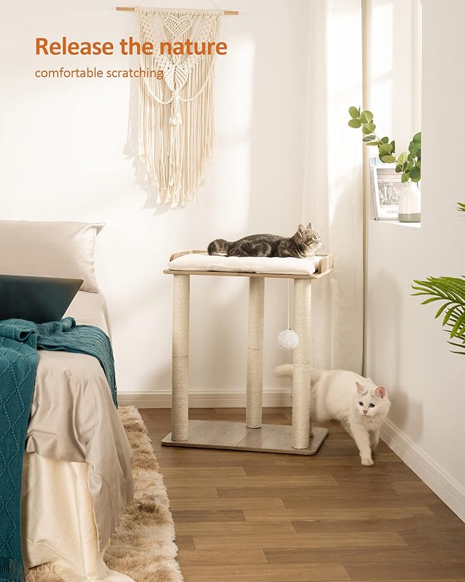 FourFurPets 26.7in Large Cat Tree Tower Condo, Cat Scratch Posts for Indoor Cats, Big Plate, Three 23.6in Full Sisal Scratching Posts, Greige-PurrikoPets