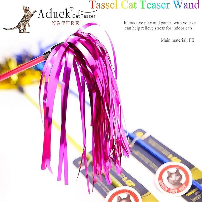 ADUCK Interactive Cat Teaser Wand Toy with Tassels - Durable Cat Chaser for Indoor Kitten Exercise, Boredom Relief & Training Play - Assorted Color, 1 Pack-PurrikoPets