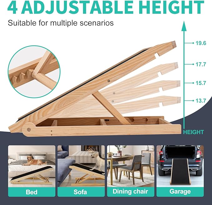 Dog Ramp, Adjustable Height Wooden Folding Pet Ramp for Bed, Couch,SUV-High Traction, Portable Paw Ramps for Small & Large Old Dogs & Cats - Furniture Quality-PurrikoPets
