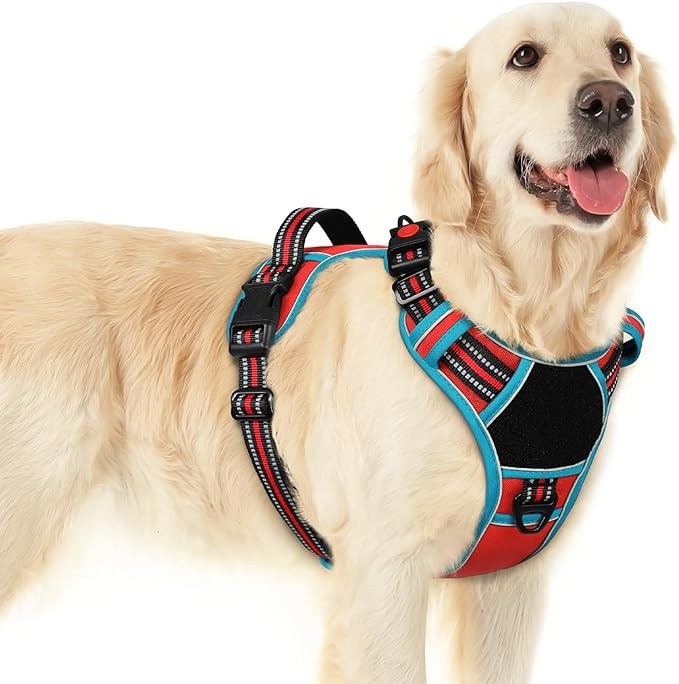 Eagloo Dog Harness for Large Dogs, Easy Wearing with 3 Buckles, Adjustable No Pull Pet Harness with 2 Rings for Walking, No Chock Reflective Soft Padded Vest with Control Handle, Red & Teal, L-PurrikoPets