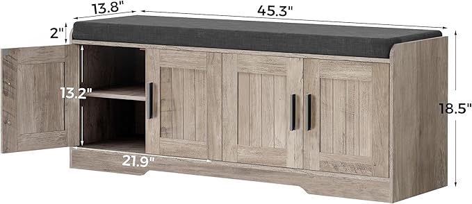 2-Tier Storage Bench, Shoe Bench with Thickened Padded Seat Cushion, Entryway Bench with 4 Doors, Adjustable Shelf, 13.8" D x 45.3" W x 18.5" H, for Entryway, Living Room, Bedroom, Greige-PurrikoPets