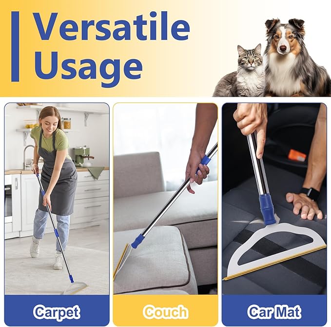 12”Wide Large Metal Carpet Rake Pet Hair Removal Broom, 54" Thicker Handle Low Pile Carpet Brush, Dog Cat Pet Hair Remover, Embedded Fur Pro Clean Removal Tool, Rug Couch Stair Scraper-PurrikoPets