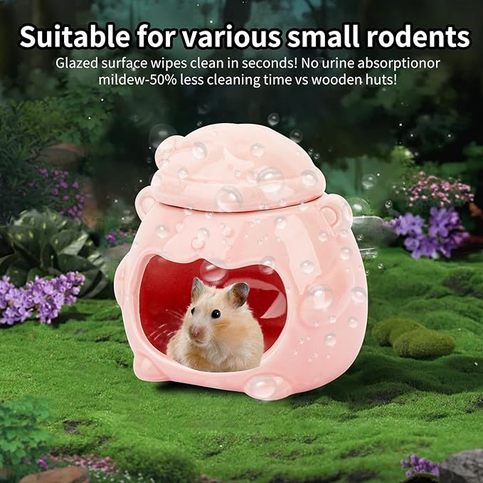 3-in-1 Bear Shaped Ceramic Hamster House - Cool House for Syrian Dwarf Hamsters, Mice, Gerbils， Small Pets, Top for Hamster Food, Removable Lid for Ice Packs, Cute Cool Hideout for Summer（Pink）-PurrikoPets
