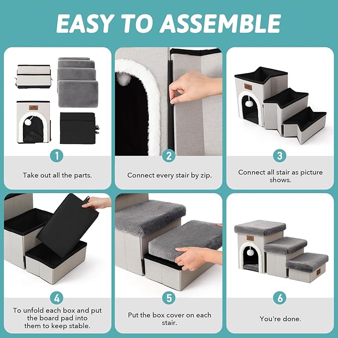 Dog Stairs for Small Dogs with Storage and Condo, 14" H Foldable Pet Stairs for Small Medium or Puppy Dogs and Older Cats, Dog Steps for Bed or Couch, 13x27x14 inch, 3 Tiers, Grey-PurrikoPets