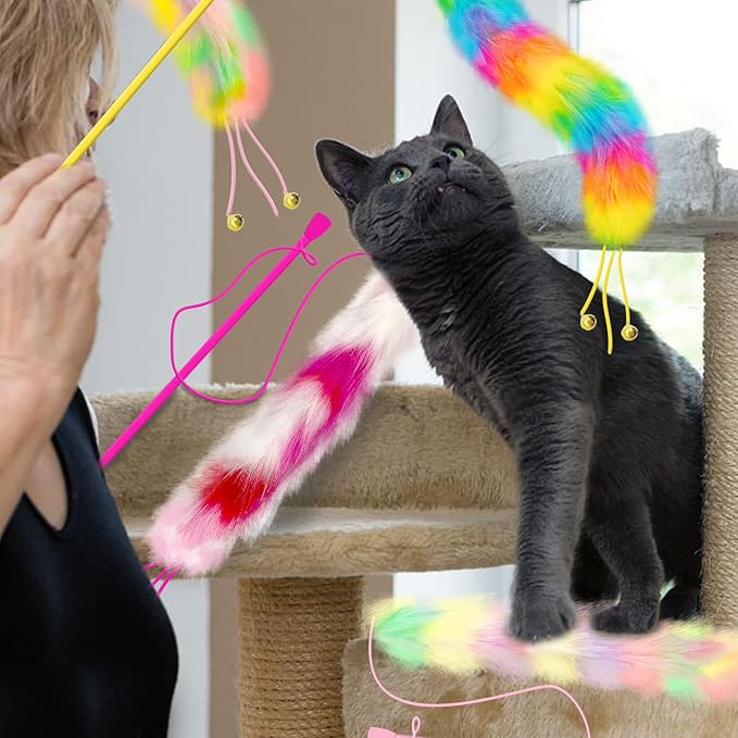 4 Pack Cat Wand Toy, Rainbow Cat Feather Toys with Bells, Teaser Wand with Soft Furry Tail, Interactive Toys for Indoor Cats & Kitten & Kitty-PurrikoPets