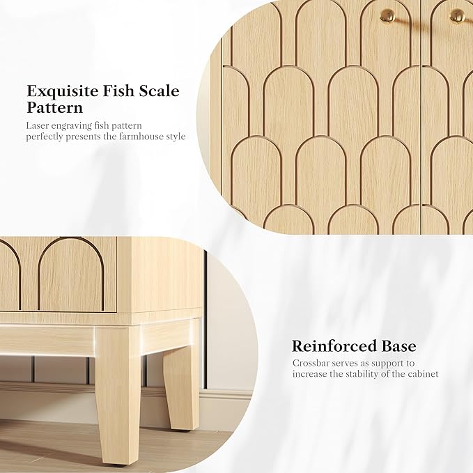 Farmhouse Storage Cabinet, Modern Buffet Sideboard with Doors, Fish Scale Pattern, Boho Cabinet for Dining Room, Natural, 2 Pieces-PurrikoPets