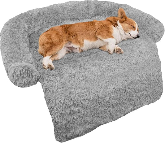 GGIB Calming Dog Bed Fluffy Plush Dog Mat for Furniture Protector with Removable Washable Cover for Large Medium Small Dogs and Cats (Medium, Grey)-PurrikoPets