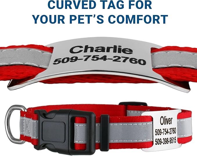 GoTags Reflective Personalized Dog Collar with Nameplate, Adjustable Dog Collar with Custom Engraved Steel Slide On Pet ID Tag, Silent, No Noise Dog Tag for Large Medium or Small (Red, Large)-PurrikoPets