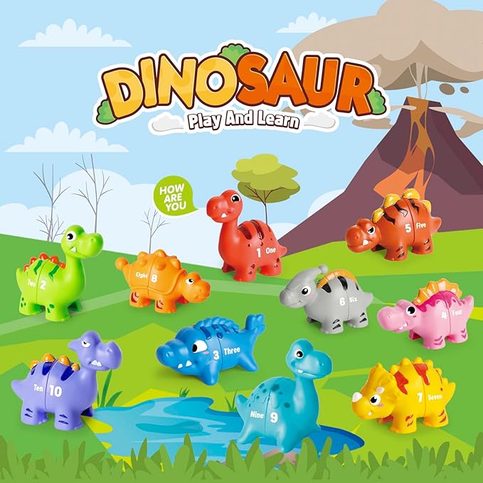 20 PCS Dinosaur Number Learning Toys for Toddlers Kids 3-5, 10 Different Dinosaur Figures, Double Sided Number Matching Game, Preschool Activities Montessori Fine Motor Toys for Toddlers Kids-PurrikoPets