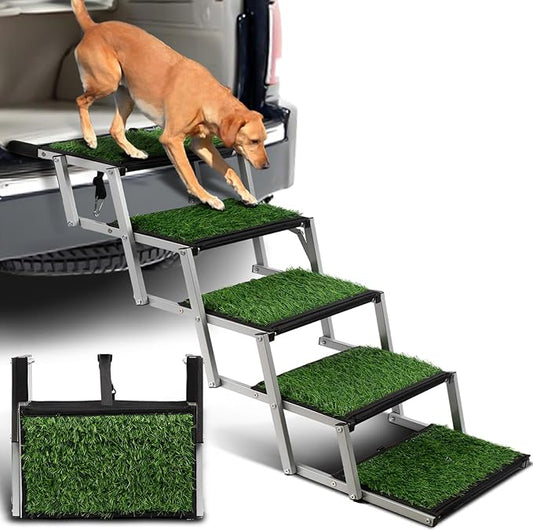 Extra Wide Dog Stairs for Car, Portable Folding Dog Steps for Large Dogs with Non-Slip Grass Rug for Cars, SUV, Trucks, Lightweight Pet Ramps Supports Up to 200 lb, 5 Steps-PurrikoPets