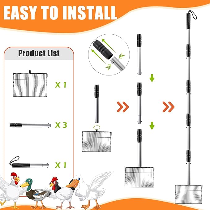 Esmorah 10 Inch Large Metal Chicken Poop Scooper for Sand & Coop Cleaning - Long Sifting Shovel with 24"-68" Adjustable Handle, 5 Lengths Heavy Duty Stainless Steel-PurrikoPets