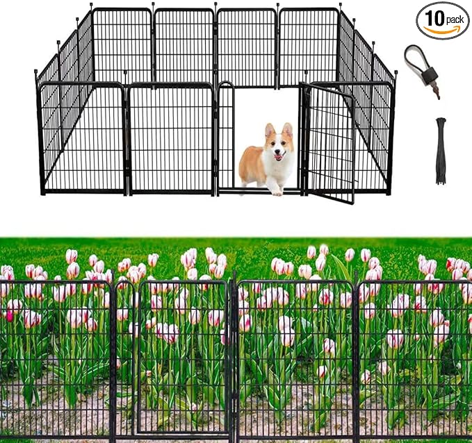 Garden Fencing 36 inch High, 10 Panels Total 22.1 Ft(L) Dog Fence Outdoor for Yard, Gate 21 inches Wide with Low Sills. Animal Barrier Fence, Fencing for Garden Beds, Rabbit Fences-PurrikoPets