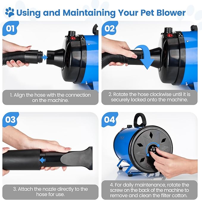 Dog Dryer, 5.2HP/3800W High Velocity Dog Hair Dryer with 4 Nozzles, Stepless Adjustable Speed & Temperature Control, Low Noise Professional Dog Grooming Dryer (Blue)-PurrikoPets