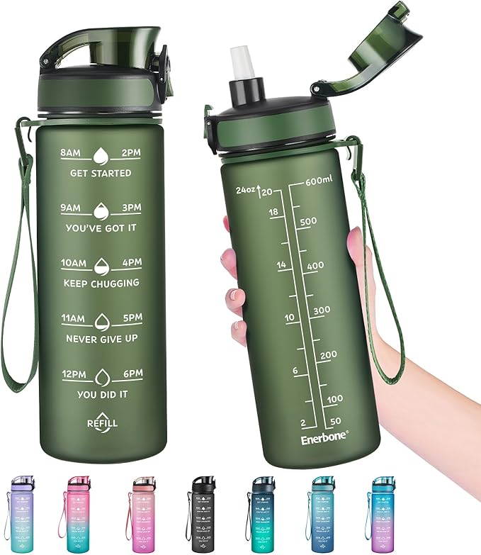 Enerbone Water Bottle, Leakproof BPA & Toxic Free, Motivational Water Bottle with Times to Drink and Straw, Fitness Sports Water Bottle with Strap for Office, Gym, Outdoor Sports-PurrikoPets