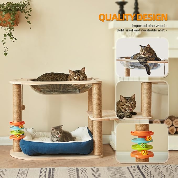 2 Tier Cat Tower,21.85 in cat Perch Wood cat condo with Hammock and Sisal Rope Scratcher Post Hanging Toy Balls for Indoor Large Cats Kittens (Blue)-PurrikoPets