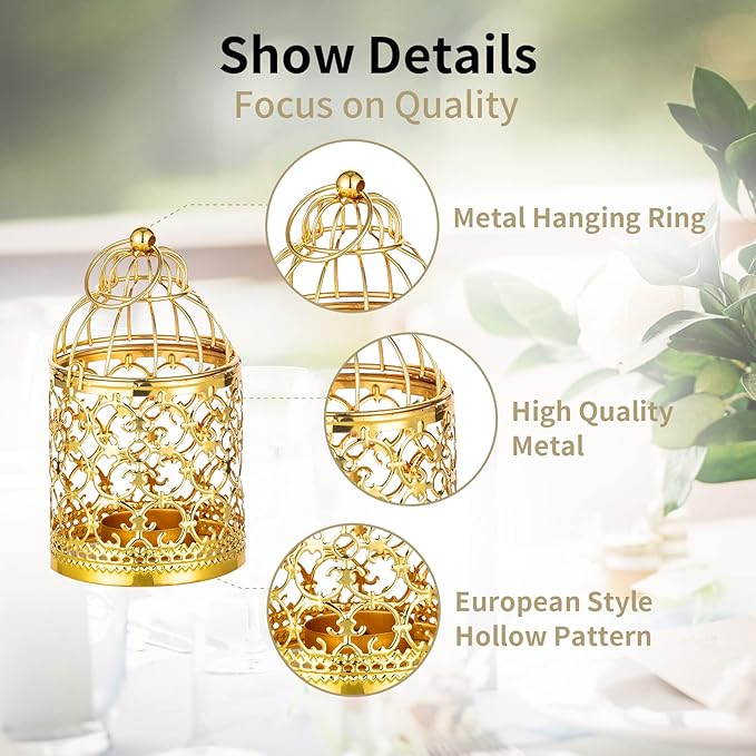 2 Pcs Small Metal Tealight Hanging Birdcage Lantern, Vintage Decorative Centerpieces of Wedding, Party, Gold-PurrikoPets